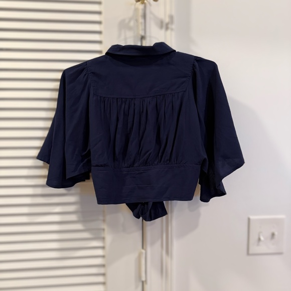 Maeve blue crop top capelet tie waist sz 2 button up and tie waist - Picture 7 of 10